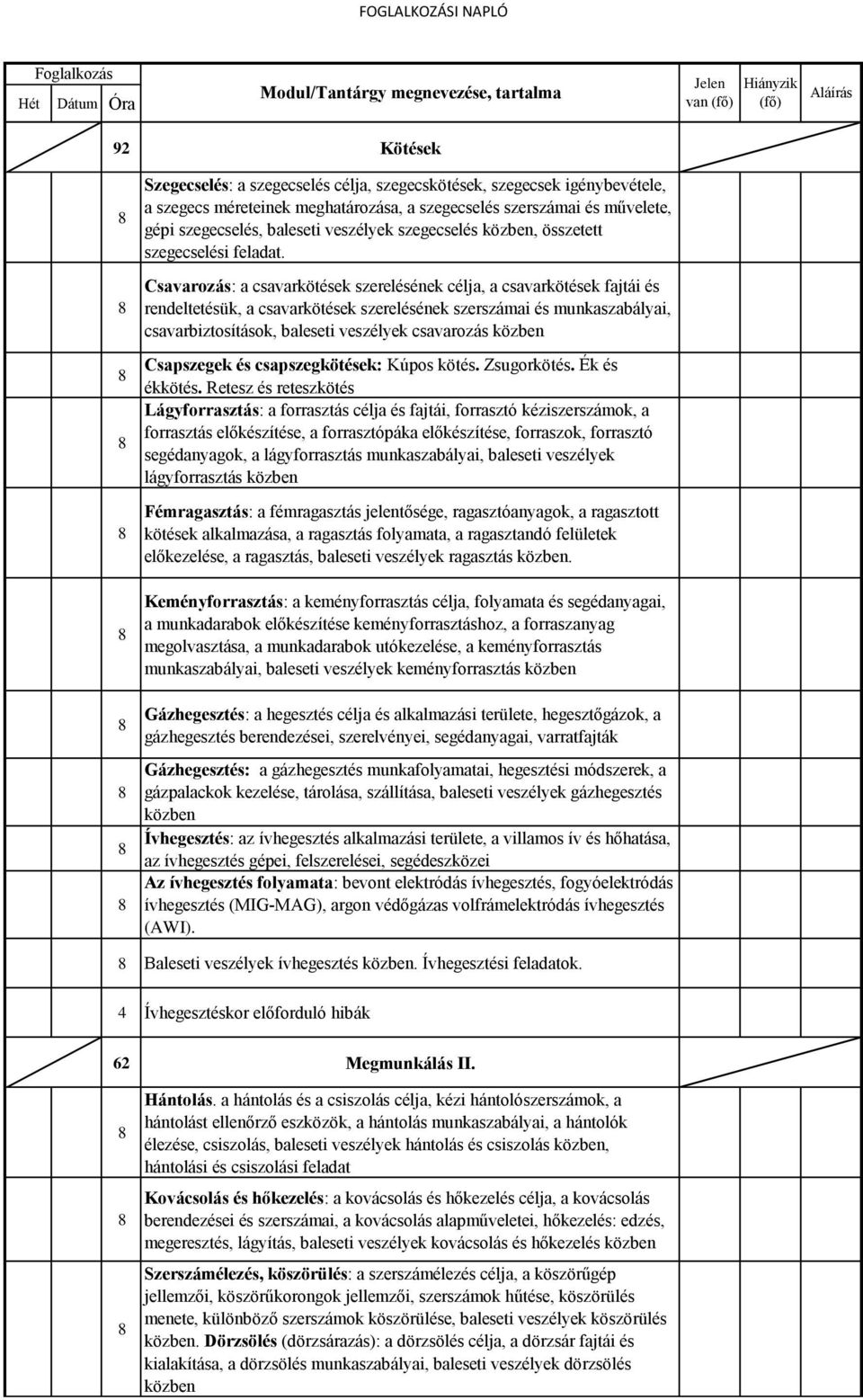 Csavarozás: a csavarkötések szerelésének célja, a csavarkötések fajtái és rendeltetésük, a csavarkötések szerelésének szerszámai és munkaszabályai, csavarbiztosítások, baleseti veszélyek csavarozás