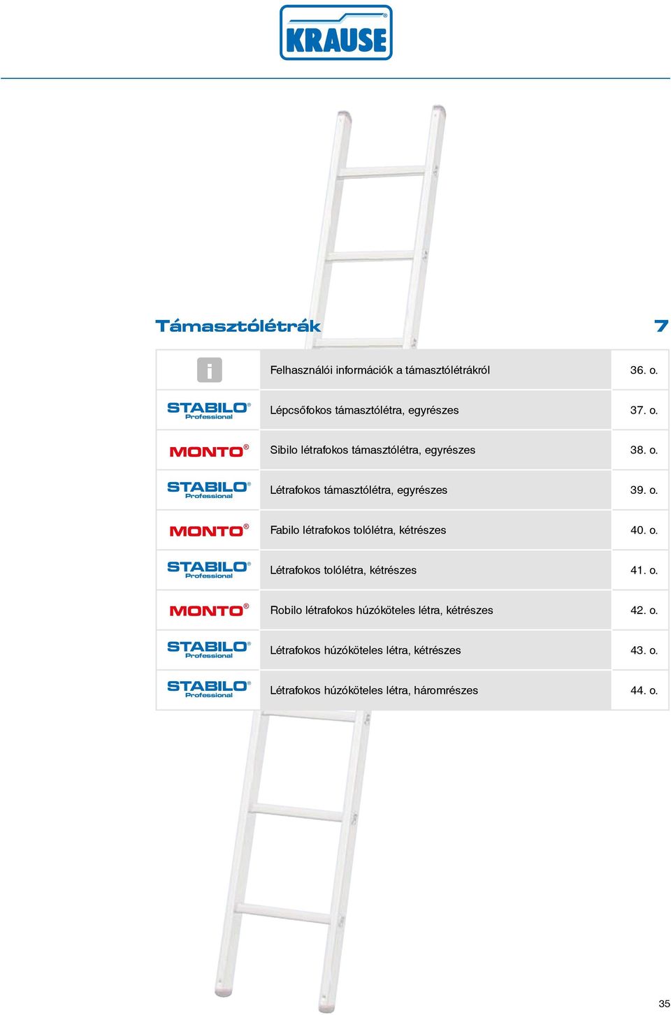 o. Fabilo létrafokos tolólétra, kétrészes 40. o. SABILO Létrafokos tolólétra, kétrészes 4. o. Robilo létrafokos húzóköteles létra, kétrészes 4.