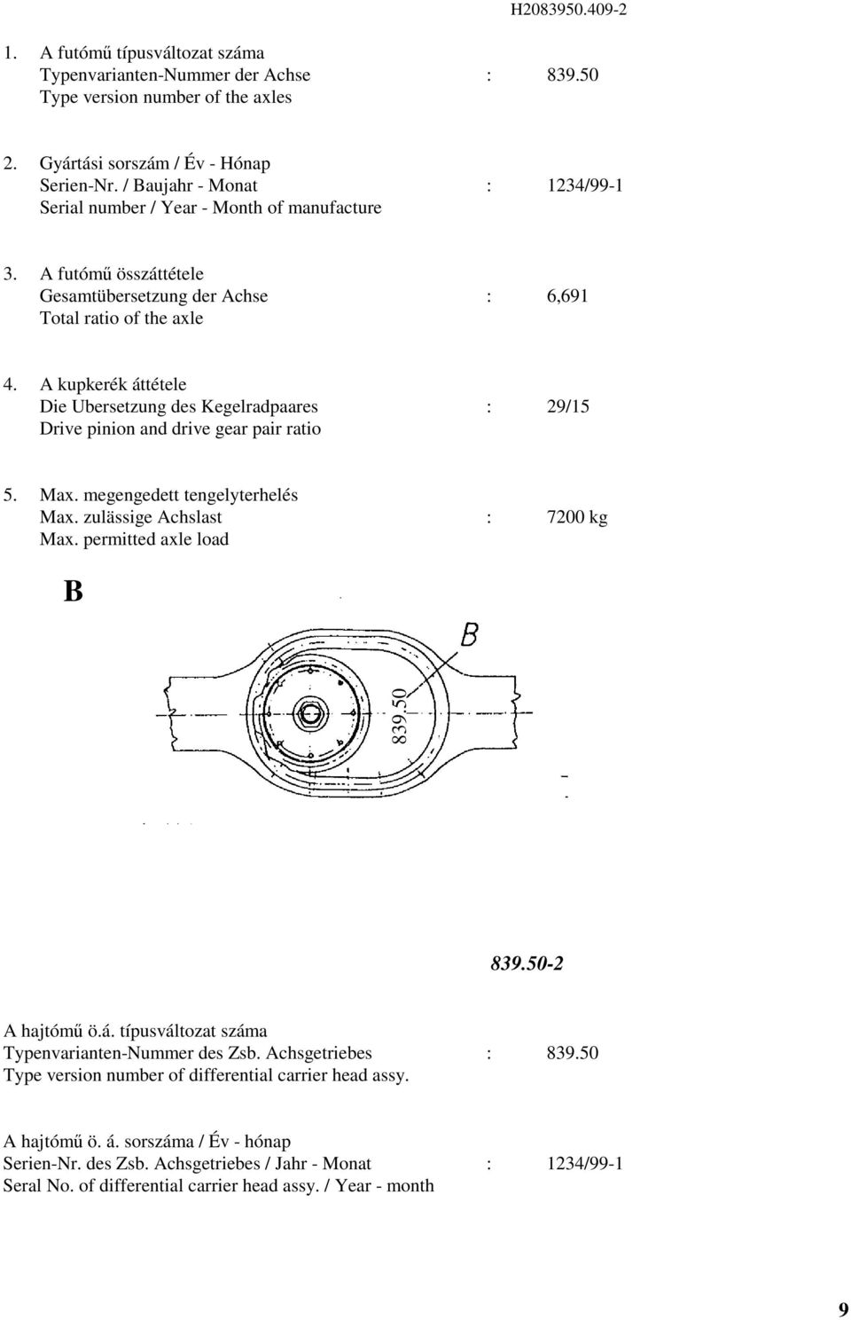 A kupkerék áttétele Die Ubersetzung des Kegelradpaares : 9/5 Drive pinion and drive gear pair ratio 5. Max. megengedett tengelyterhelés Max. zulässige Achslast : 700 kg Max. permitted axle load B 839.