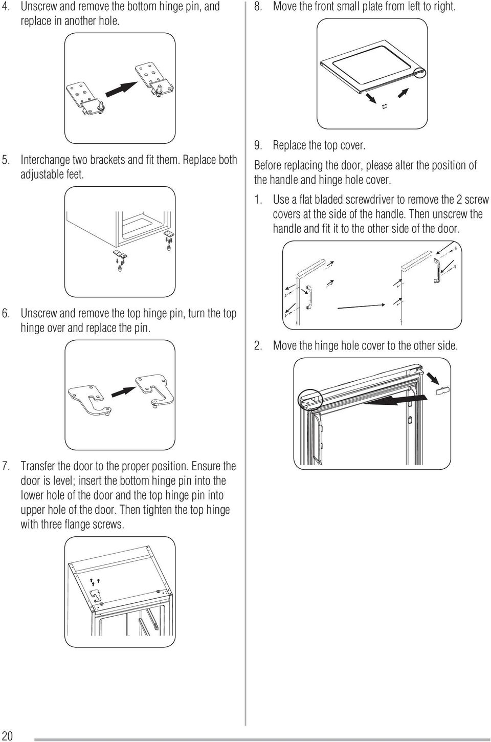 Then unscrew the handle and fit it to the other side of the door. 6. Unscrew and remove the top hinge pin, turn the top hinge over and replace the pin. 2. Move the hinge hole cover to the other side.