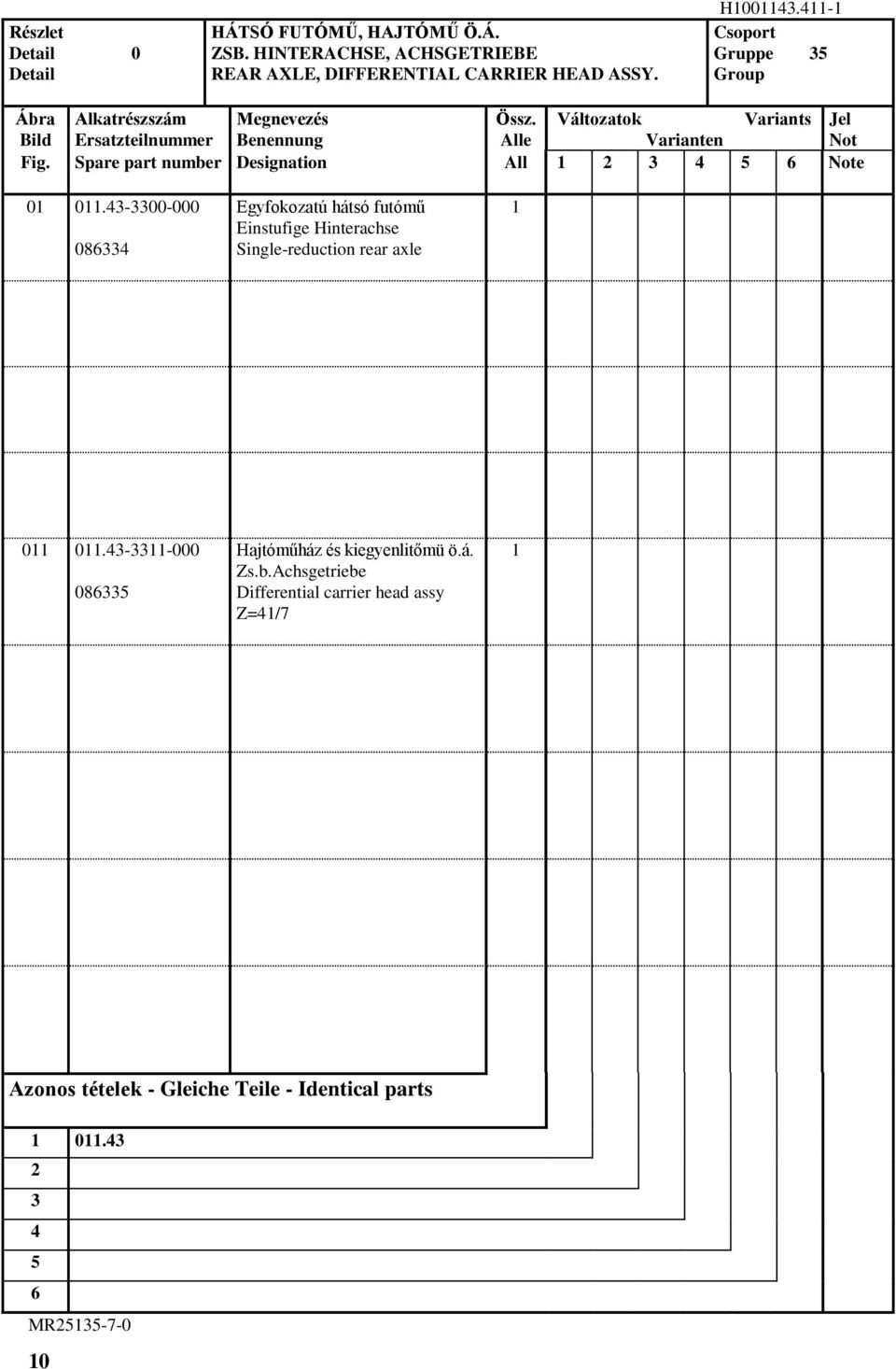 Spare part number Designation All Note 0 0.-00-000 0 Egyfokozatú hátsó futómű Einstufige Hinterachse Single-reduction rear axle 0 0.