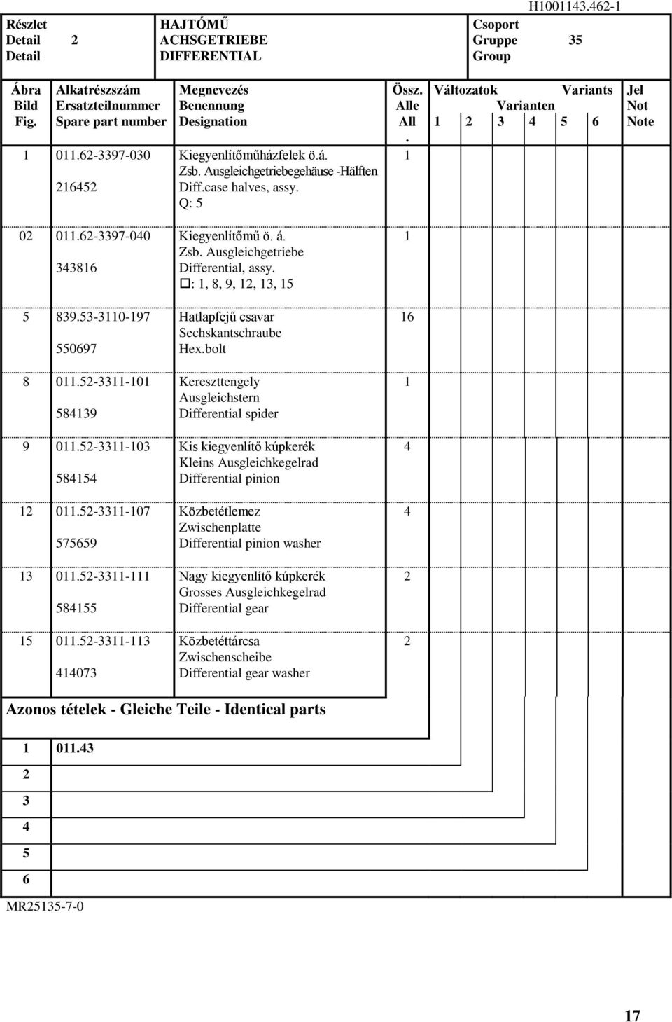 -- 07 Kiegyenlítőmű ö. á. Zsb. Ausgleichgetriebe Differential, assy. :,, 9,,, Hatlapfejű csavar Sechskantschraube Hex.