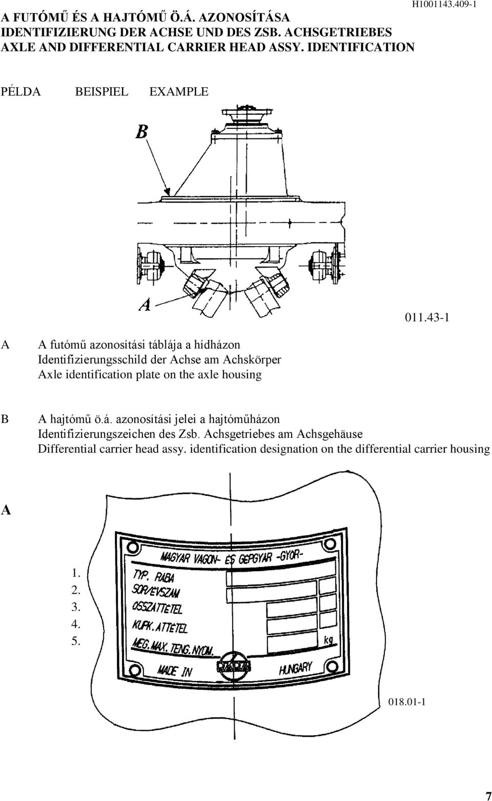 - A A futómű azonosítási táblája a hídházon Identifizierungsschild der Achse am Achskörper Axle identification plate on the axle