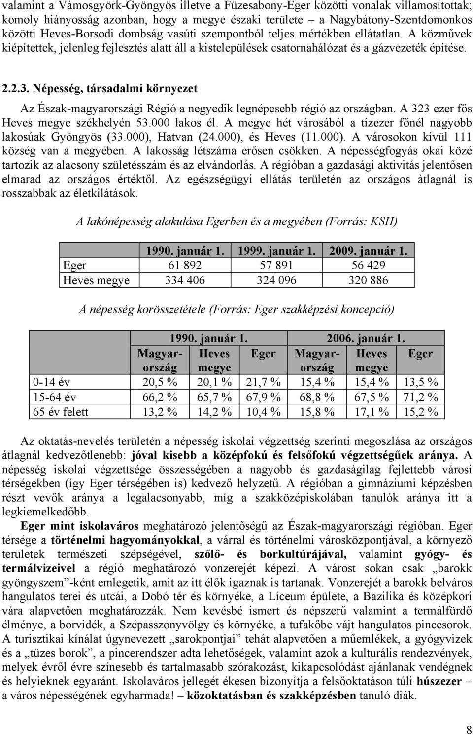 Népesség, társadalmi környezet Az Észak-magyarországi Régió a negyedik legnépesebb régió az országban. A 323 ezer fős Heves megye székhelyén 53.000 lakos él.