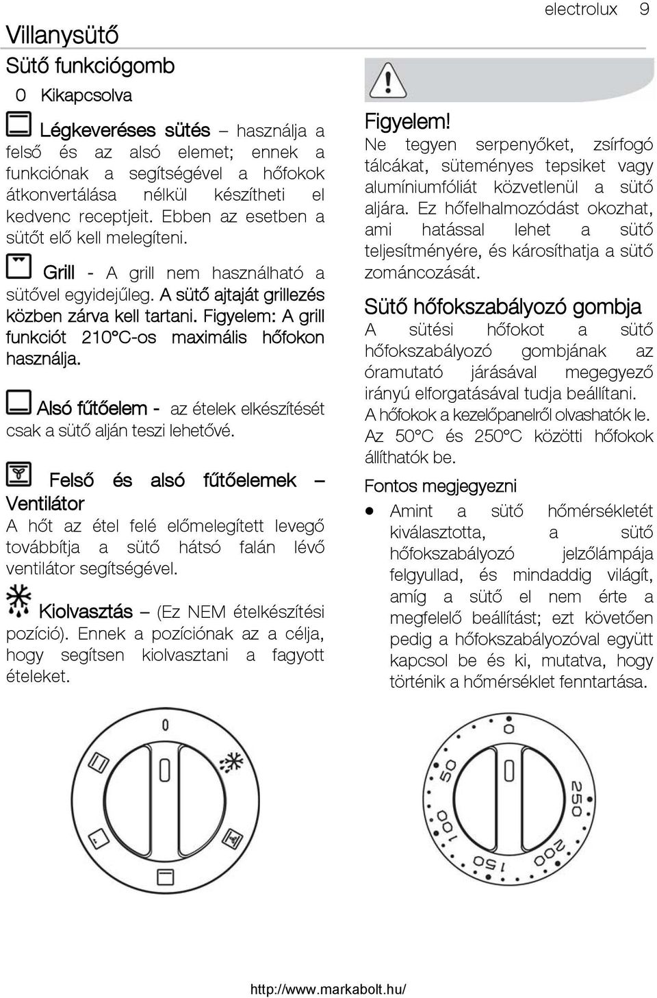 Figyelem: A grill funkciót 210 C-os maximális hőfokon használja. Alsó fűtőelem - az ételek elkészítését csak a sütő alján teszi lehetővé.