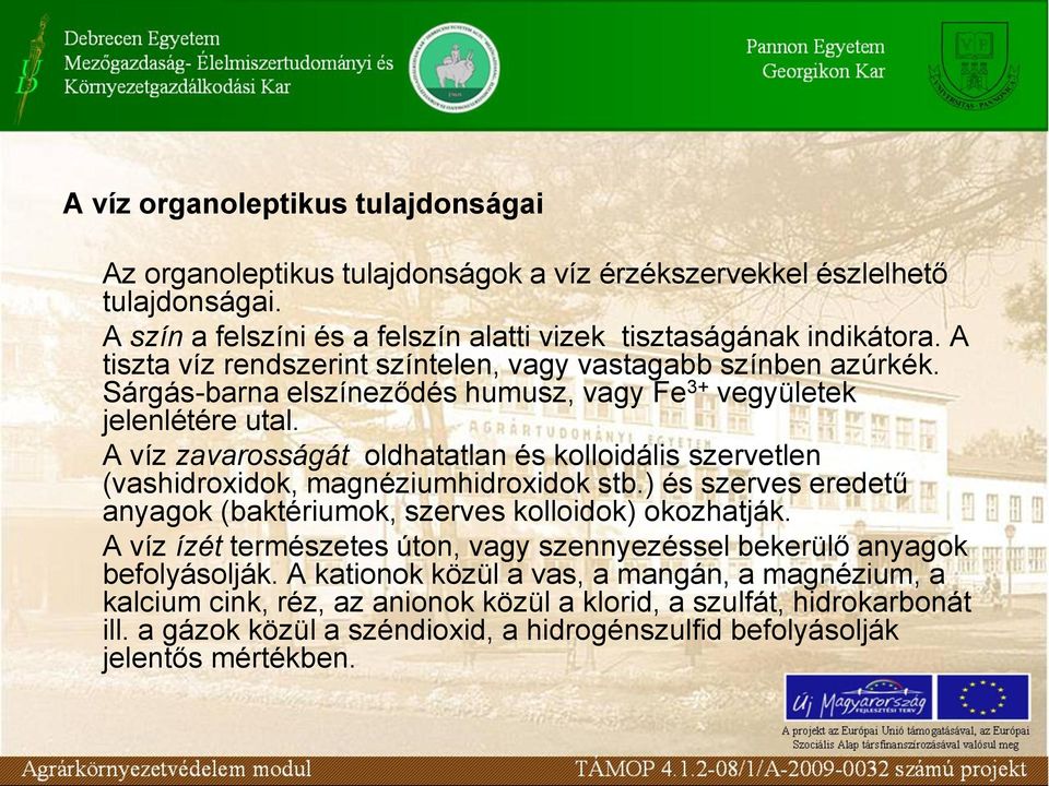 A víz zavarosságát oldhatatlan és kolloidális szervetlen (vashidroxidok, magnéziumhidroxidok stb.) és szerves eredetű anyagok (baktériumok, szerves kolloidok) okozhatják.