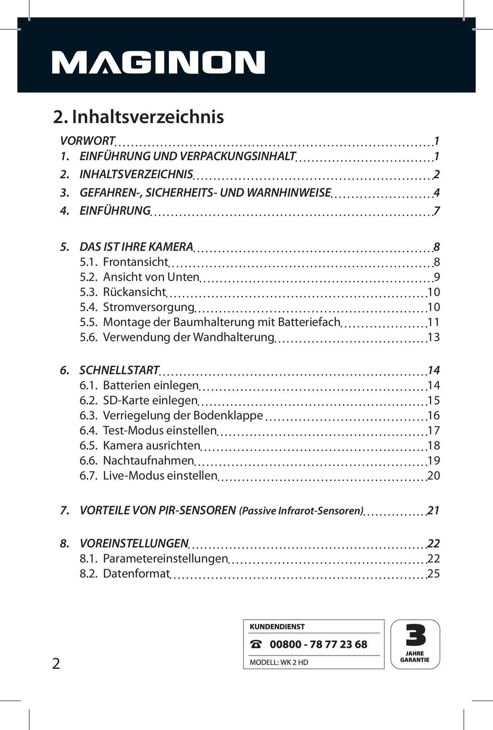 Verwendung der Wandhalterung 13 6. SCHNELLSTART 14 6.1. Batterien einlegen 14 6.2. SD-Karte einlegen 15 6.3. Verriegelung der Bodenklappe 16 6.4. Test-Modus einstellen 17 6.5. Kamera ausrichten 18 6.