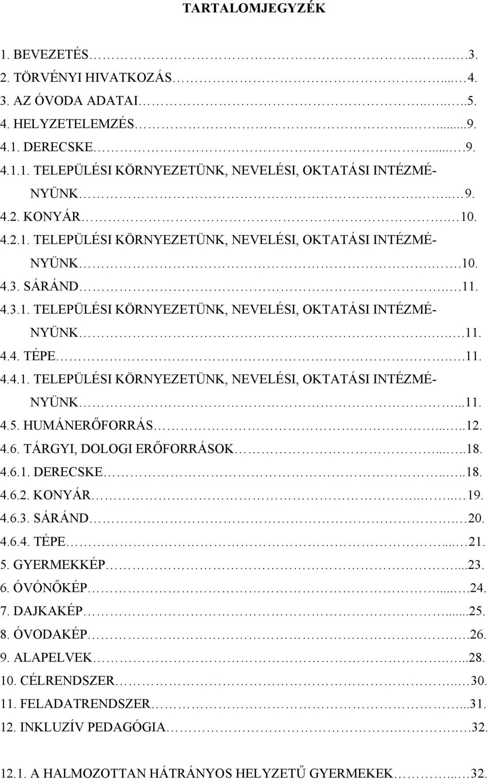 HUMÁNERŐFORRÁS.....12. 4.6. TÁRGYI, DOLOGI ERŐFORRÁSOK.....18. 4.6.1. DERECSKE....18. 4.6.2. KONYÁR.... 19. 4.6.3. SÁRÁND. 20. 4.6.4. TÉPE... 21. 5. GYERMEKKÉP...23. 6. ÓVÓNŐKÉP....24. 7. DAJKAKÉP...25.