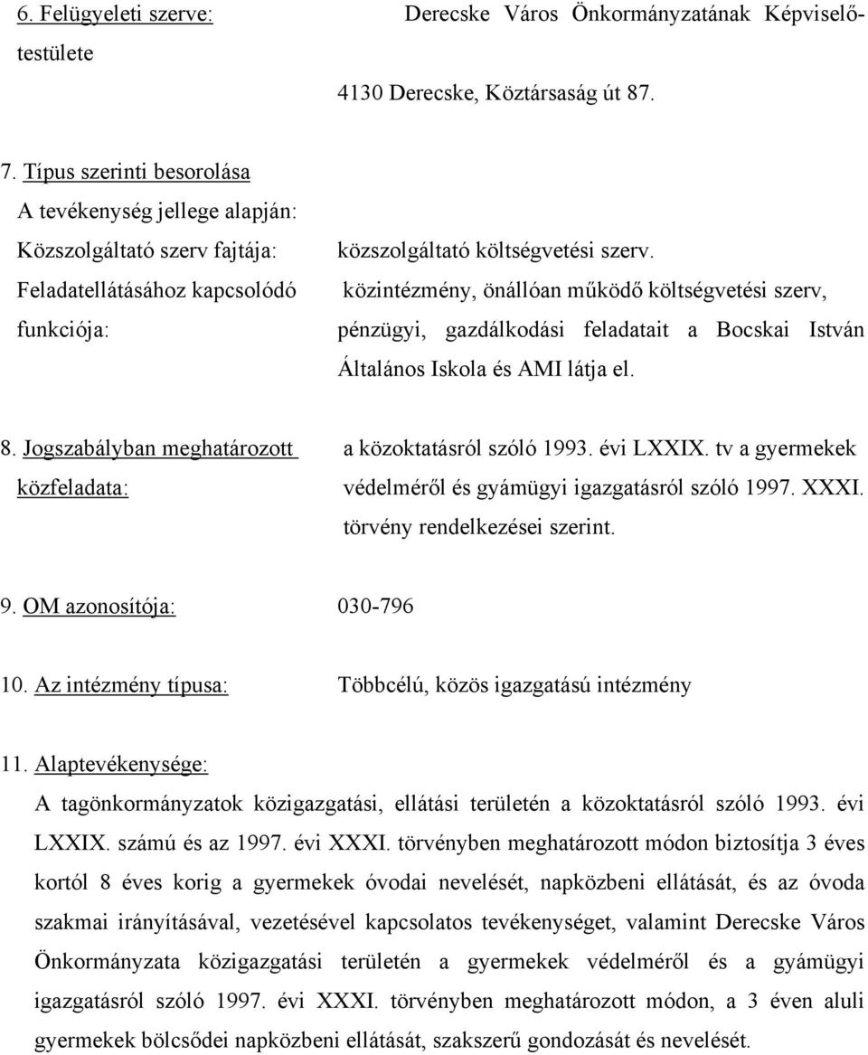 közintézmény, önállóan működő költségvetési szerv, pénzügyi, gazdálkodási feladatait a Bocskai István Általános Iskola és AMI látja el. 8. Jogszabályban meghatározott a közoktatásról szóló 1993.