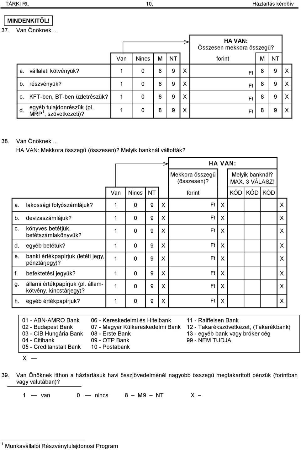 Mekkora összegű (összesen)? HA VAN: Melyik banknál? MAX. VÁLASZ! Van Nincs NT forint KÓD KÓD KÓD a. lakossági folyószámlájuk? 0 9 X Ft X X b. devizaszámlájuk? 0 9 X Ft X X c.