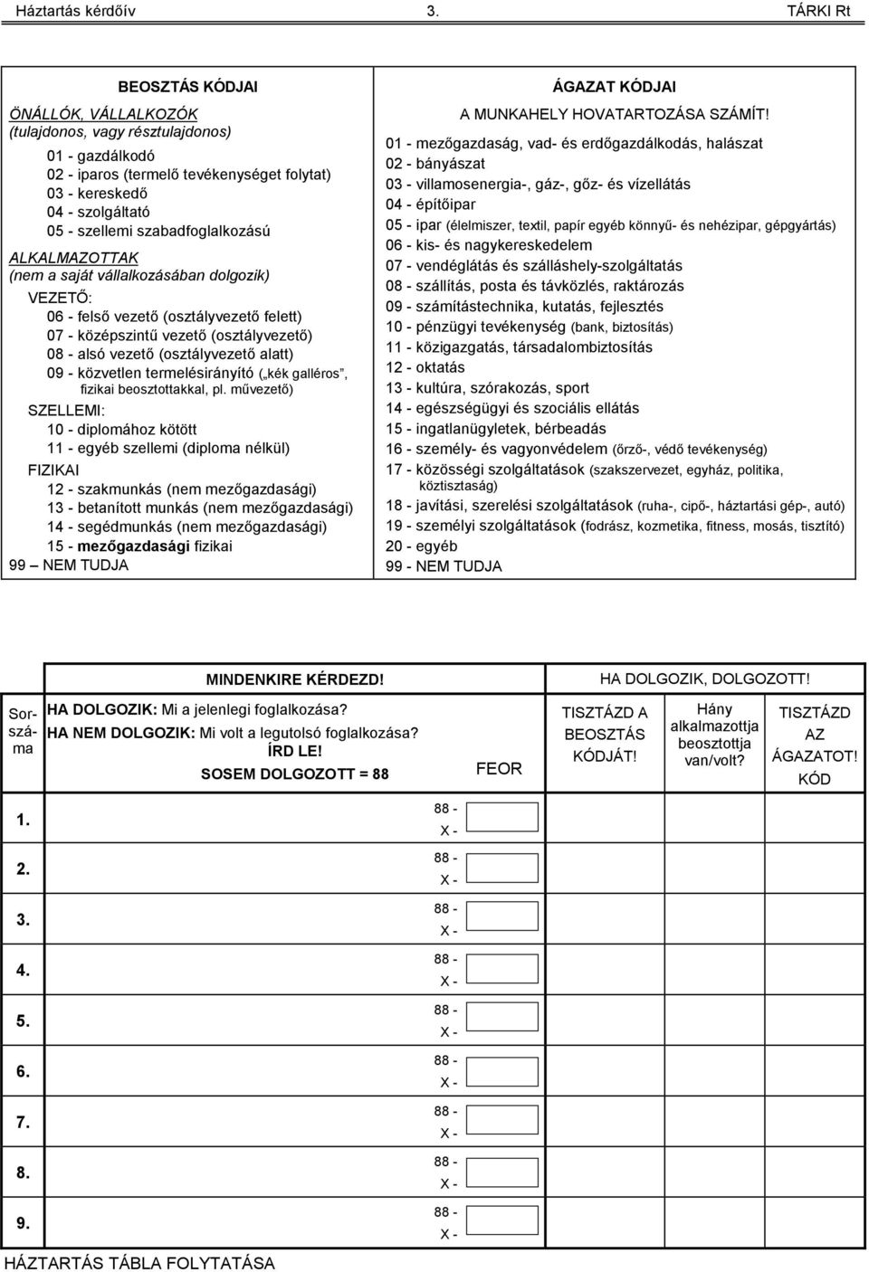 szabadfoglalkozású ALKALMAZOTTAK (nem a saját vállalkozásában dolgozik) VEZETŐ: 06 - felső vezető (osztályvezető felett) 07 - középszintű vezető (osztályvezető) 08 - alsó vezető (osztályvezető alatt)