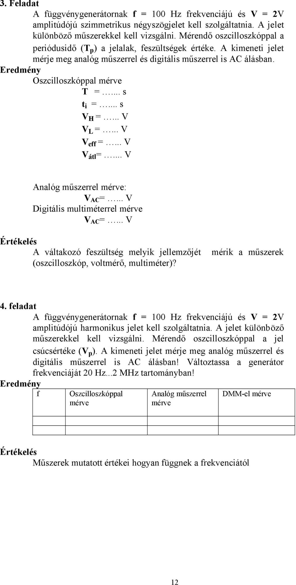 .. s t i =... s V H =... V V L =... V V eff =... V V átl =... V Analóg műszerrel mérve: V AC =... V Digitális multiméterrel mérve V AC =.