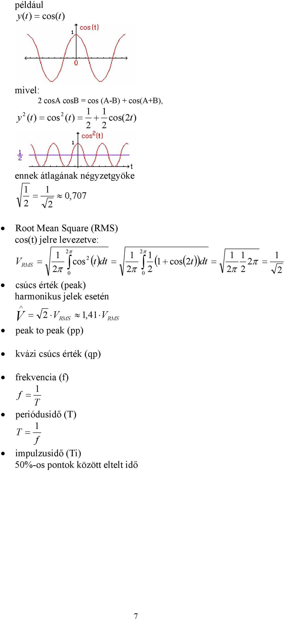 csúcs érték (peak) harmonikus jelek esetén V = 2 V RMS 1,41 V RMS peak to peak (pp) () t dt = ( 1+ cos( 2t) ) dt = 1 1 2π =