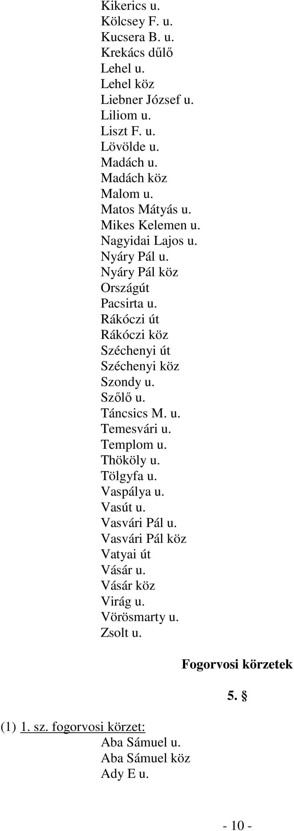 Rákóczi út Rákóczi köz Széchenyi út Széchenyi köz Szondy u. Szőlő u. Táncsics M. u. Temesvári u. Templom u. Thököly u. Tölgyfa u. Vaspálya u.