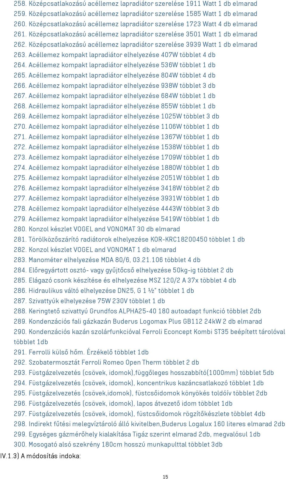 Középcsatlakozású acéllemez lapradiátor szerelése 3939 Watt 1 db elmarad 263. Acéllemez kompakt lapradiátor elhelyezése 407W többlet 4 db 264.