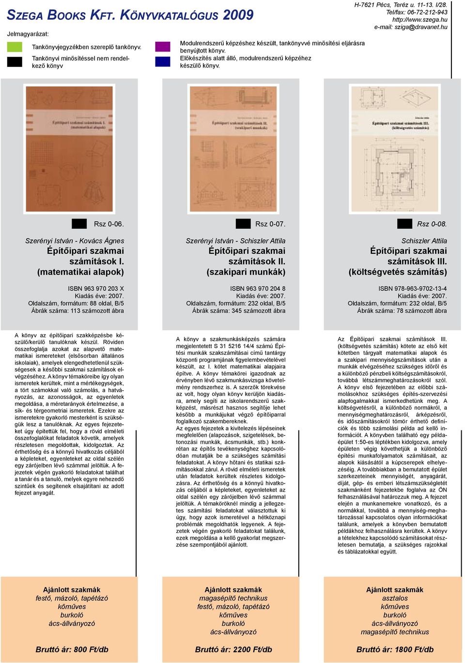 (szakipari munkák) ISBN 963 970 204 8 Oldalszám, formátum: 232 oldal, B/5 Ábrák száma: 345 számozott ábra Rsz 0-08. Schiszler Attila Építőipari szakmai számítások III.