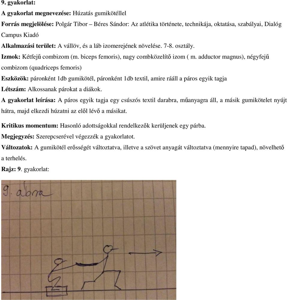 adductor magnus), négyfejű combizom (quadriceps femoris) Eszközök: páronként 1db gumikötél, páronként 1db textil, amire rááll a páros egyik tagja Létszám: Alkossanak párokat a diákok.