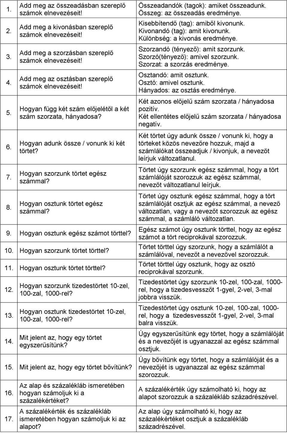 Összeadandók (tagok): amiket összeadunk. Összeg: az összeadás eredménye. Kisebbítendő (tag): amiből kivonunk. Kivonandó (tag): amit kivonunk. Különbség: a kivonás eredménye.