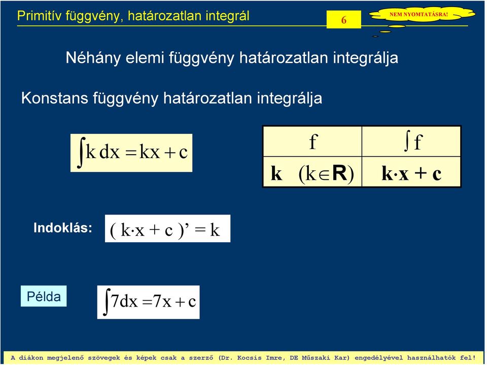 Indoklás: ( k ) k Példa 7 d 7 A diákon mejelenő szöveek és képek