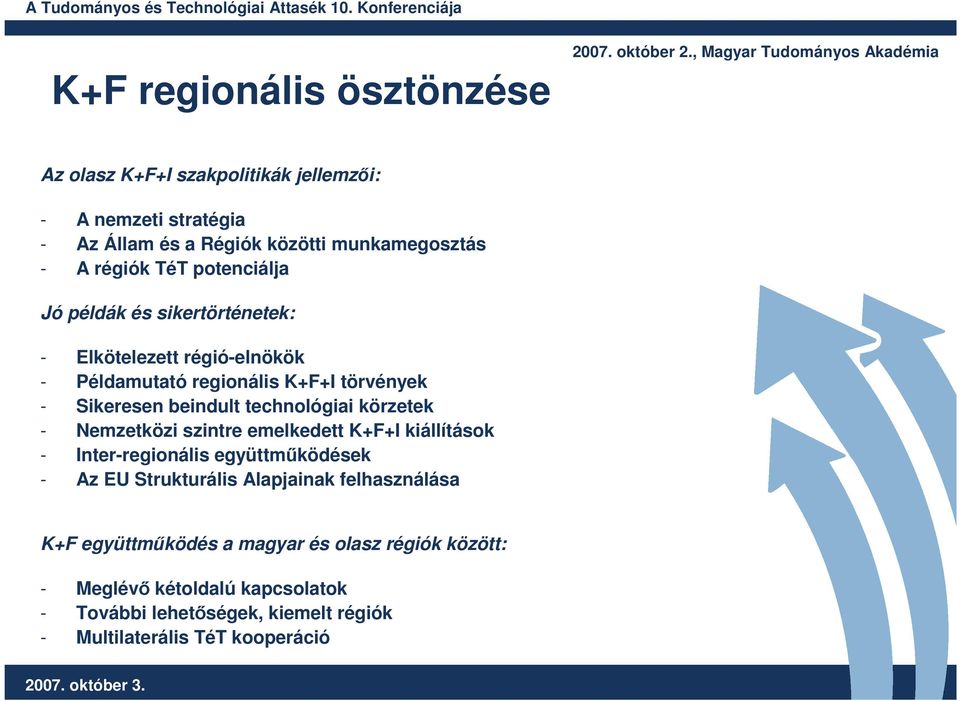 körzetek - Nemzetközi szintre emelkedett K+F+I kiállítások - Inter-regionális együttmőködések - Az EU Strukturális Alapjainak felhasználása K+F