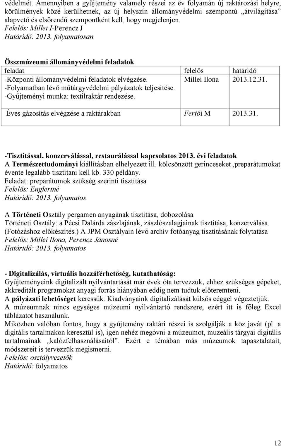 kell, hogy megjelenjen. Felelős: Millei I-Perencz J Határidő: 2013. folyamatosan Összmúzeumi állományvédelmi feladatok feladat felelős határidő -Központi állományvédelmi feladatok elvégzése.