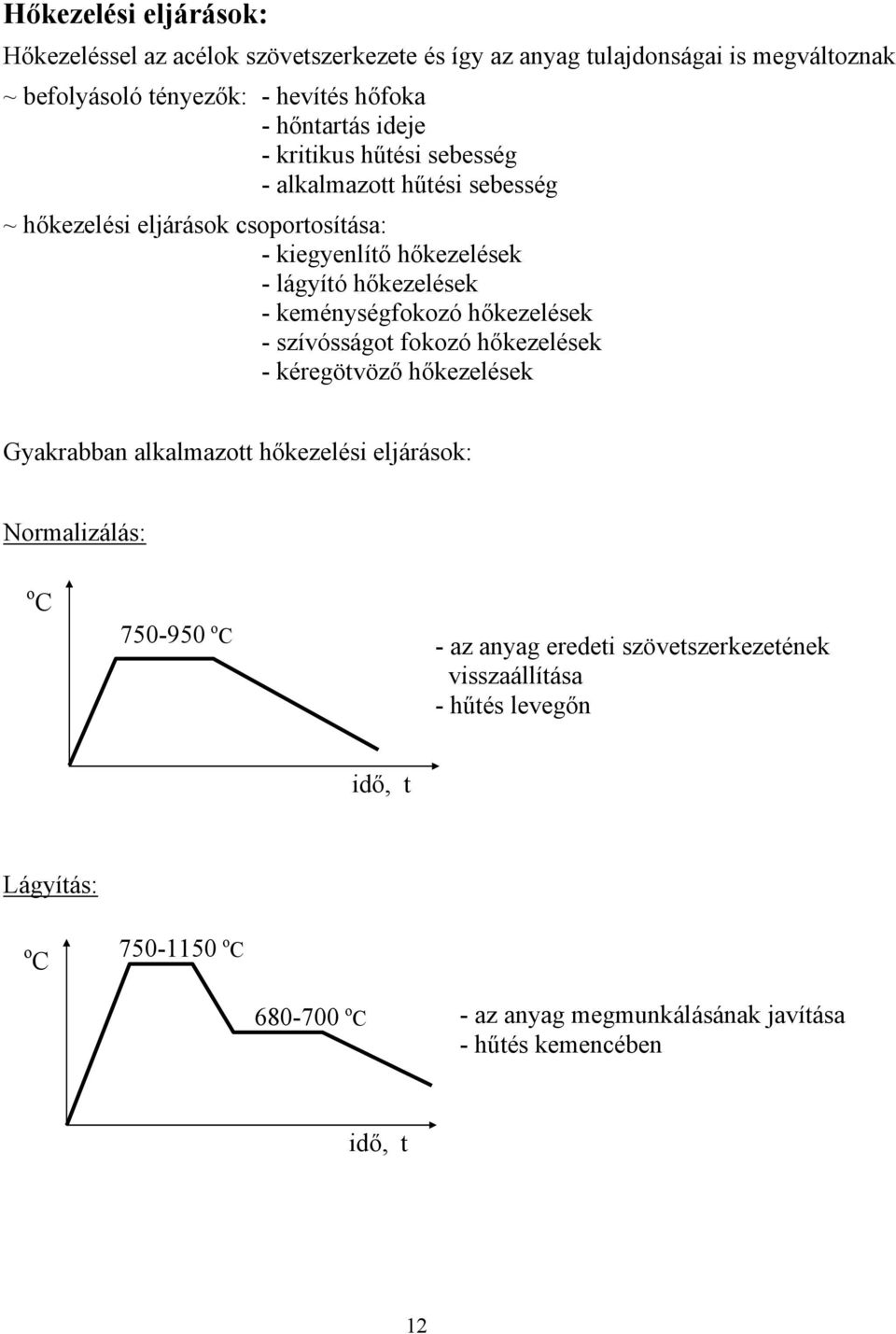 hőkezelések - keménységfokozó hőkezelések - szívósságot fokozó hőkezelések - kéregötvöző hőkezelések Gyakrabban alkalmazott hőkezelési eljárások: