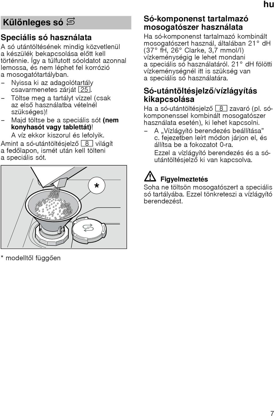 Töltse meg a tartályt vízzel (csak az els használatba vételnél szükséges)! Majd töltse be a speciális sót (nem konyhasót vagy tablettát)! A víz ekkor kiszorul és lefolyik.