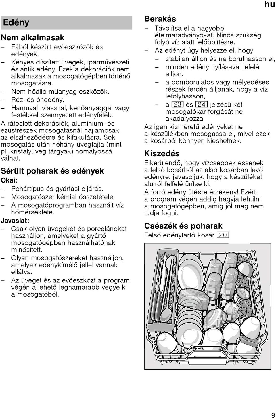 A ráfestett dekorációk, alumínium- és ezüstrészek mosogatásnál hajlamosak az elszínezdésre és kifakulásra. Sok mosogatás után néhány üvegfajta (mint pl. kristályüveg tárgyak) homályossá válhat.