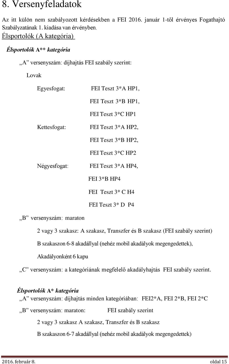 HP2, FEI Teszt 3*B HP2, FEI Teszt 3*C HP2 Négyesfogat: FEI Teszt 3*A HP4, FEI 3*B HP4 FEI Teszt 3* C H4 FEI Teszt 3* D P4 B versenyszám: maraton 2 vagy 3 szakasz: A szakasz, Transzfer és B szakasz