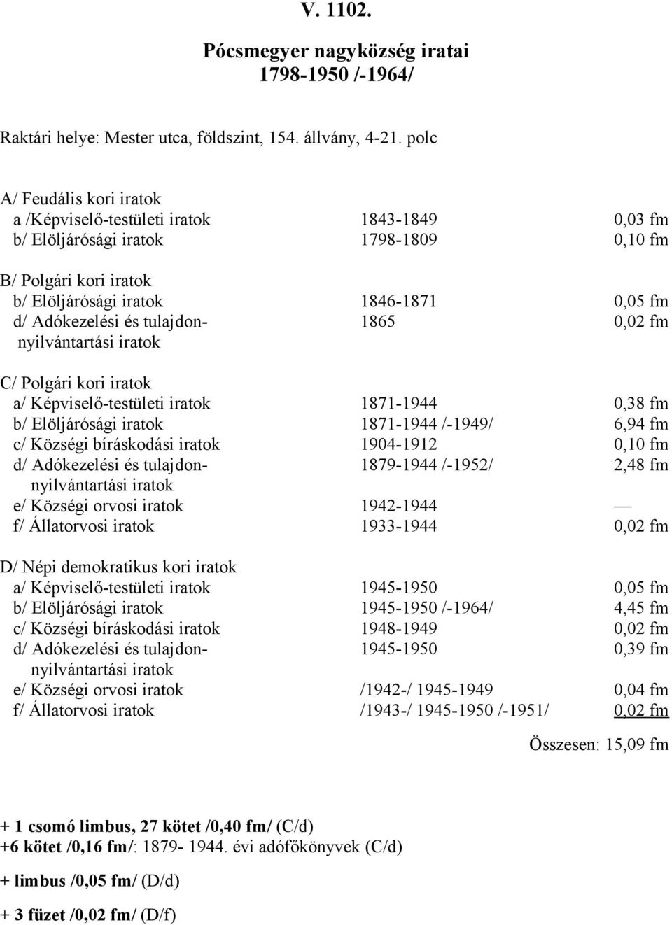 tulajdon- 1865 0,02 fm nyilvántartási iratok C/ Polgári kori iratok a/ Képviselő-testületi iratok 1871-1944 0,38 fm b/ Elöljárósági iratok 1871-1944 /-1949/ 6,94 fm c/ Községi bíráskodási iratok