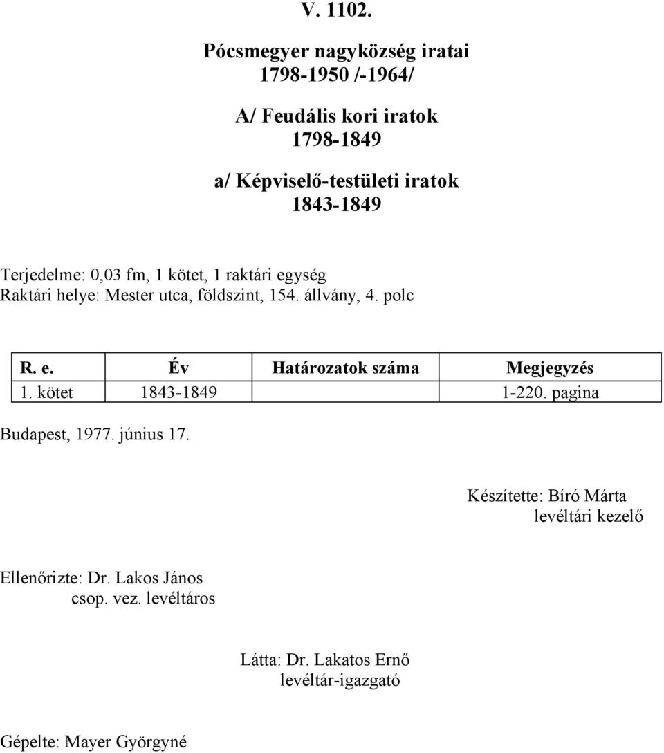 kötet 1843-1849 1-220. pagina Budapest, 1977. június 17. Készítette: Bíró Márta Ellenőrizte: Dr.