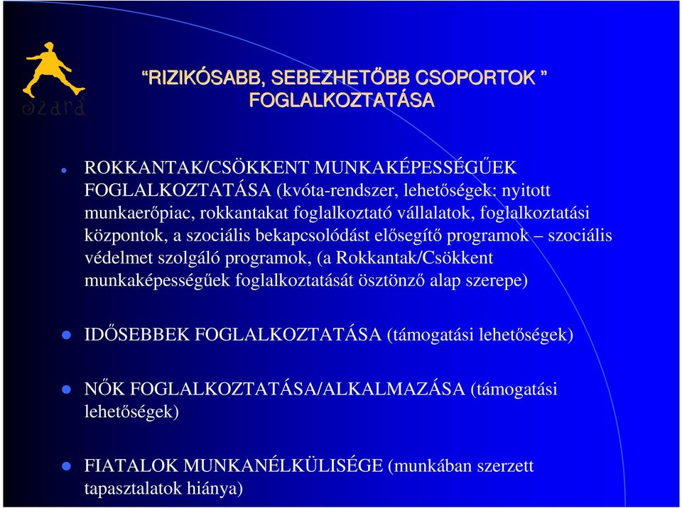 szociális védelmet szolgáló programok, (a Rokkantak/Csökkent munkaképességűek foglalkoztatását ösztönző alap szerepe) IDŐSEBBEK