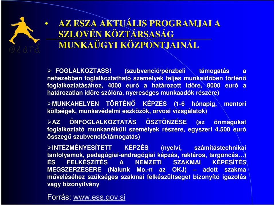 munkaadók részére) MUNKAHELYEN TÖRTÉNŐ KÉPZÉS (1-6 hónapig, mentori költségek, munkavédelmi eszközök, orvosi vizsgálatok) AZ ÖNFOGLALKOZTATÁS ÖSZTÖNZÉSE (az önmagukat foglalkoztató munkanélküli