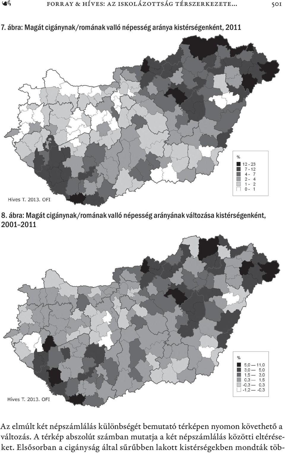 ábra: Magát cigánynak/romának valló népesség arányának változása kistérségenként, 2001 2011 Az elmúlt két