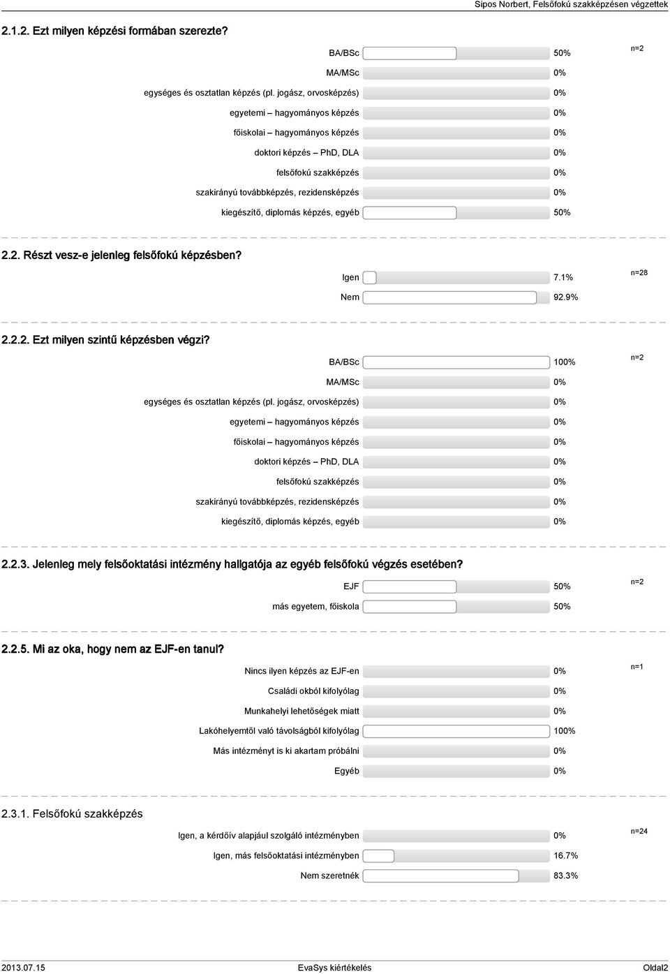 . Részt vesz-e jelenleg felsőfokú képzésben? Igen 7.% Nem 9.9% n=8... Ezt milyen szintű képzésben végzi? BA/BSc 0 MA/MSc n= egységes és osztatlan képzés (pl.