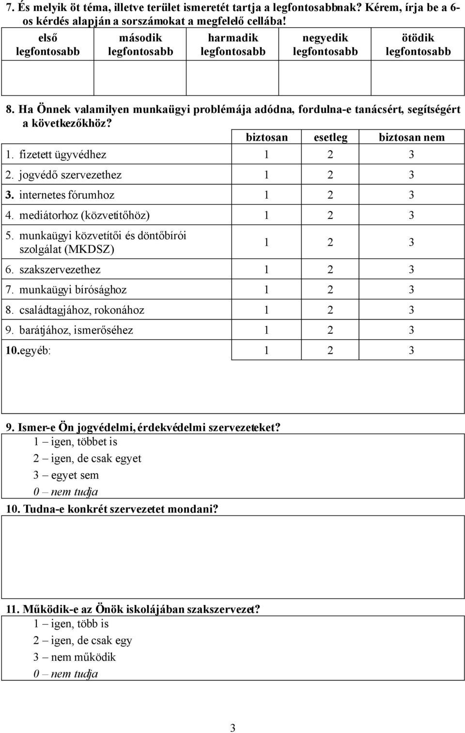 Ha Önnek valamilyen munkaügyi problémája adódna, fordulna-e tanácsért, segítségért a következőkhöz? biztosan esetleg biztosan nem 1. fizetett ügyvédhez 1 2 3 2. jogvédő szervezethez 1 2 3 3.