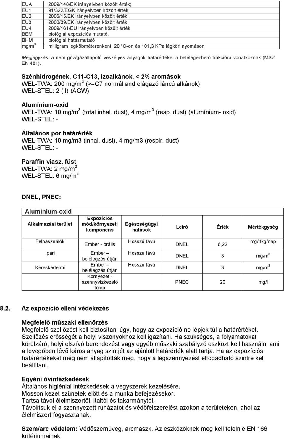 biológiai hatásmutató milligram légköbméterenként, 20 C-on és 101,3 KPa légköri nyomáson Megjegyzés: a nem gőz/gázállapotú veszélyes anyagok határértékei a belélegezhető frakcióra vonatkoznak (MSZ EN