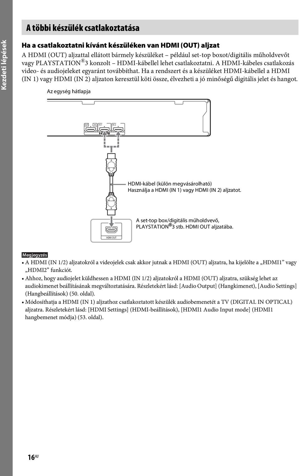 Ha a rendszert és a készüléket HDMI-kábellel a HDMI (IN 1) vagy HDMI (IN 2) aljzaton keresztül köti össze, élvezheti a jó minőségű digitális jelet és hangot.