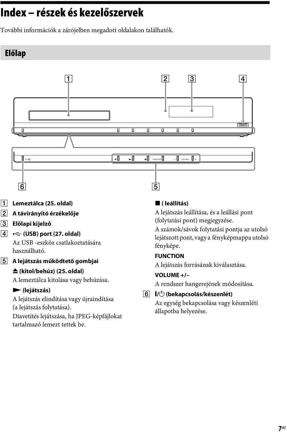 oldal) A lemeztálca kitolása vagy behúzása. N (lejátszás) A lejátszás elindítása vagy újraindítása (a lejátszás folytatása). Diavetítés lejátszása, ha JPEG-képfájlokat tartalmazó lemezt tettek be.