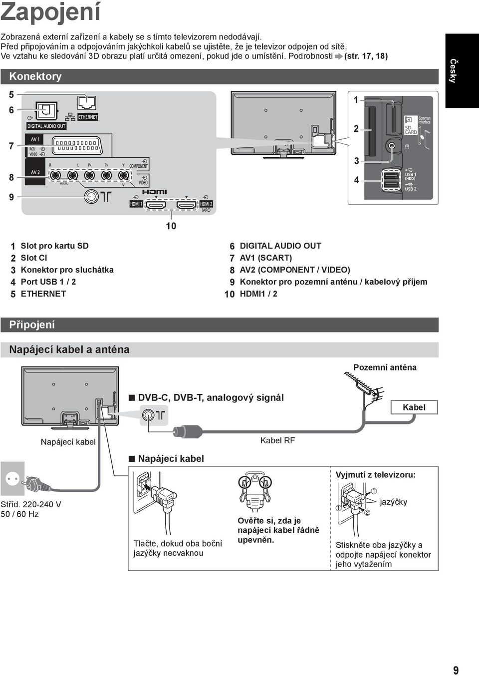 17, 18) Konektory 5 6 7 8 9 1 2 3 4 Česky 10 1 Slot pro kartu SD 2 Slot CI 3 Konektor pro sluchátka 4 Port USB 1 / 2 5 ETHERNET 6 DIGITAL AUDIO OUT 7 AV1 (SCART) 8 AV2 (COMPONENT / VIDEO) 9 Konektor