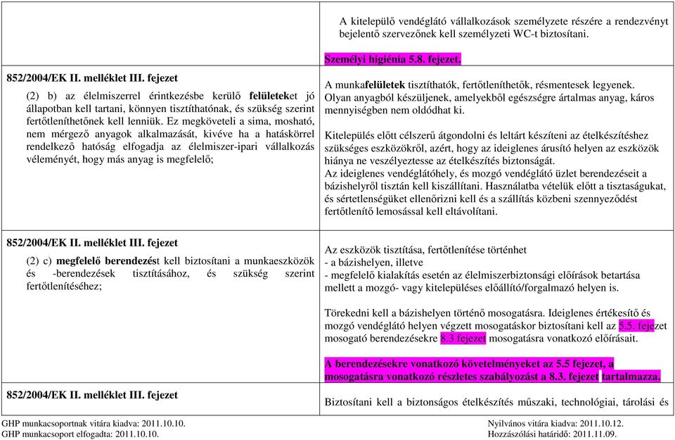 Ez megköveteli a sima, mosható, nem mérgező anyagok alkalmazását, kivéve ha a hatáskörrel rendelkező hatóság elfogadja az élelmiszer-ipari vállalkozás véleményét, hogy más anyag is megfelelő;