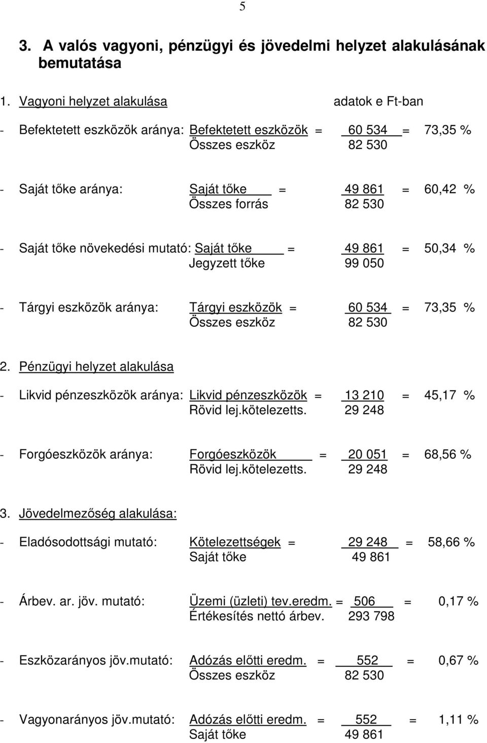 82 530 - Saját tőke növekedési mutató: Saját tőke = 49 861 = 50,34 % Jegyzett tőke 99 050 - Tárgyi eszközök aránya: Tárgyi eszközök = 60 534 = 73,35 % Összes eszköz 82 530 2.