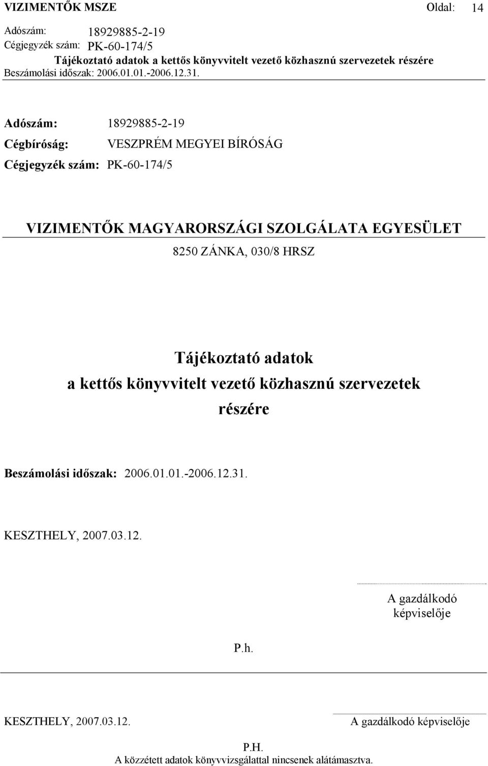 MAGYARORSZÁGI SZOLGÁLATA EGYESÜLET 8250 ZÁNKA, 030/8 HRSZ Tájékoztató adatok a