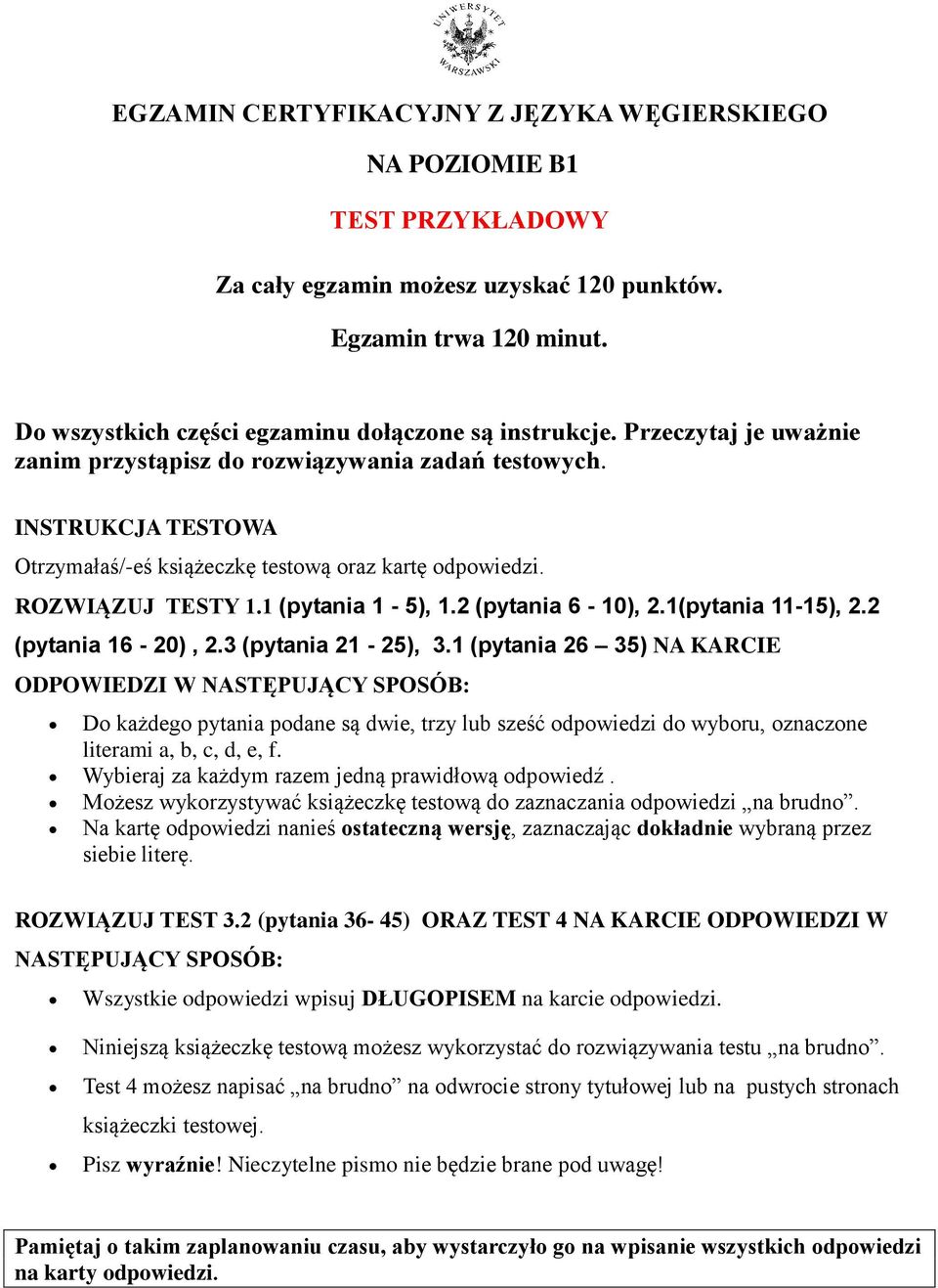 2 (pytania 6-10), 2.1(pytania 11-15), 2.2 (pytania 16-20), 2.3 (pytania 21-25), 3.