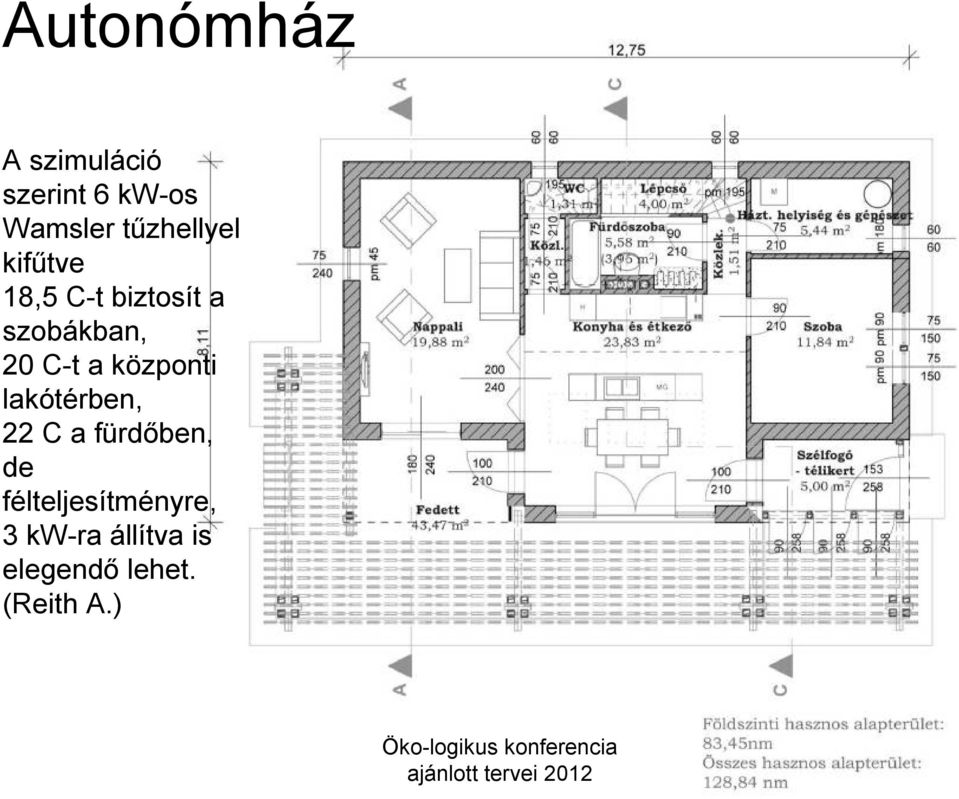 lakótérben, 22 C a fürdőben, de félteljesítményre, 3 kw-ra