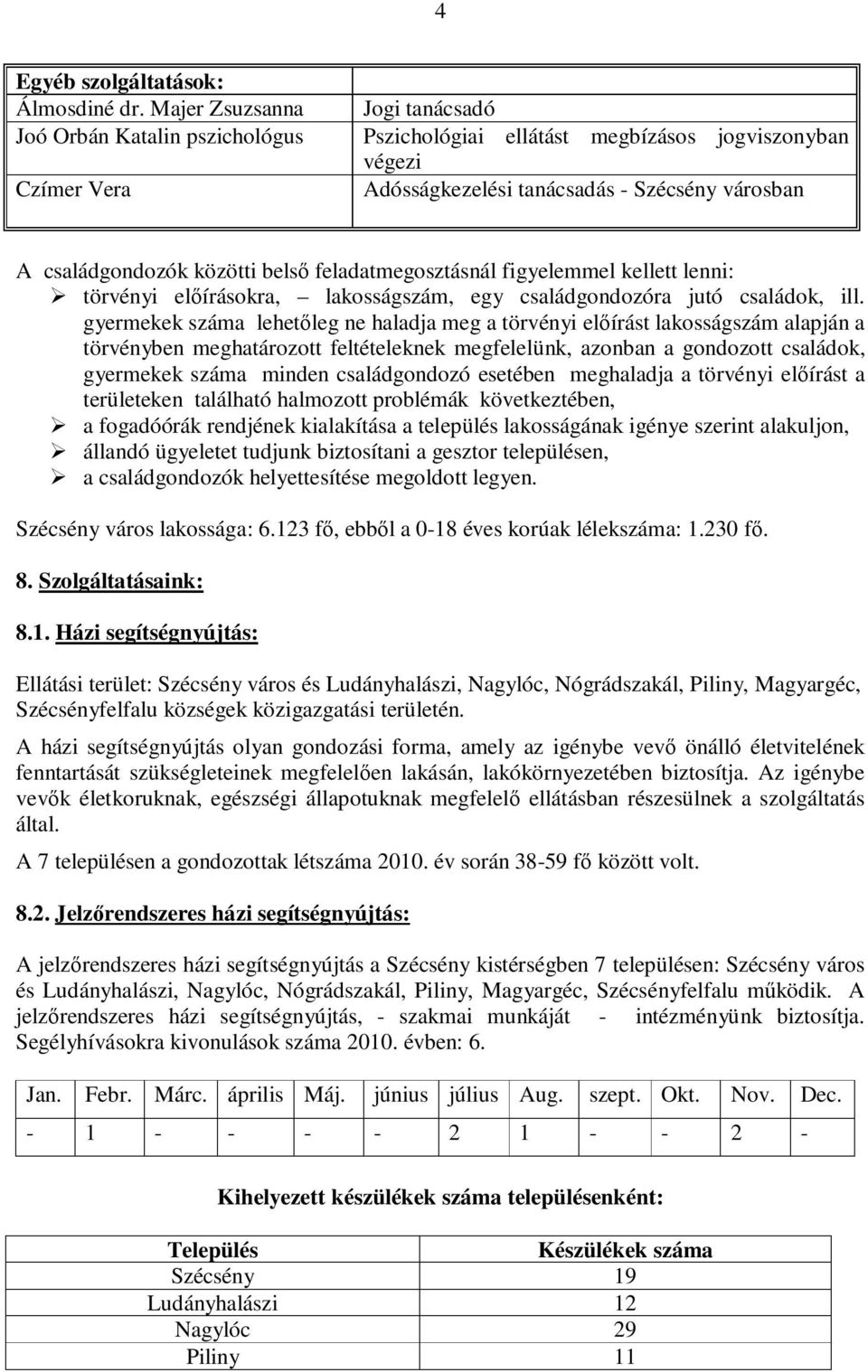 közötti belső feladatmegosztásnál figyelemmel kellett lenni: törvényi előírásokra, lakosságszám, egy családgondozóra jutó családok, ill.