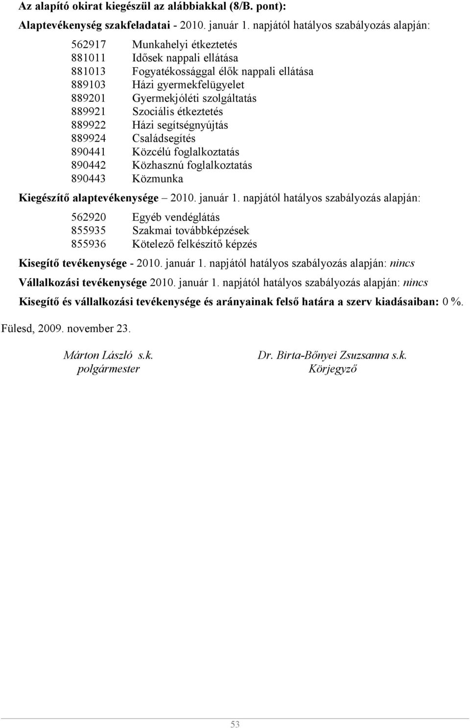 szolgáltatás 889921 Szociális étkeztetés 889922 Házi segítségnyújtás 889924 Családsegítés 890441 Közcélú foglalkoztatás 890442 Közhasznú foglalkoztatás 890443 Közmunka Kiegészítő alaptevékenysége