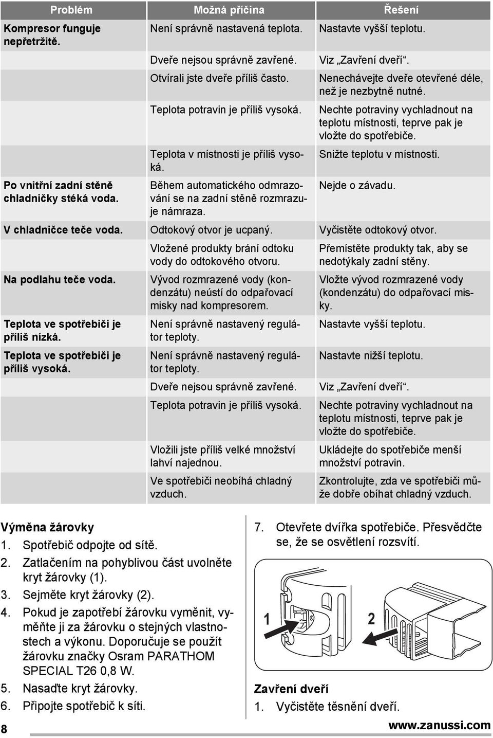 Viz Zavření dveří. Nenechávejte dveře otevřené déle, než je nezbytně nutné. Nechte potraviny vychladnout na teplotu místnosti, teprve pak je vložte do spotřebiče. Snižte teplotu v místnosti.