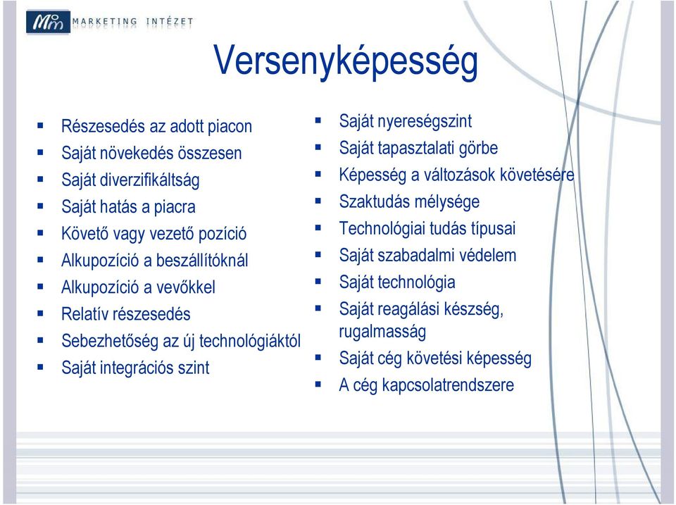 szint Saját nyereségszint Saját tapasztalati görbe Képesség a változások követésére Szaktudás mélysége Technológiai tudás típusai