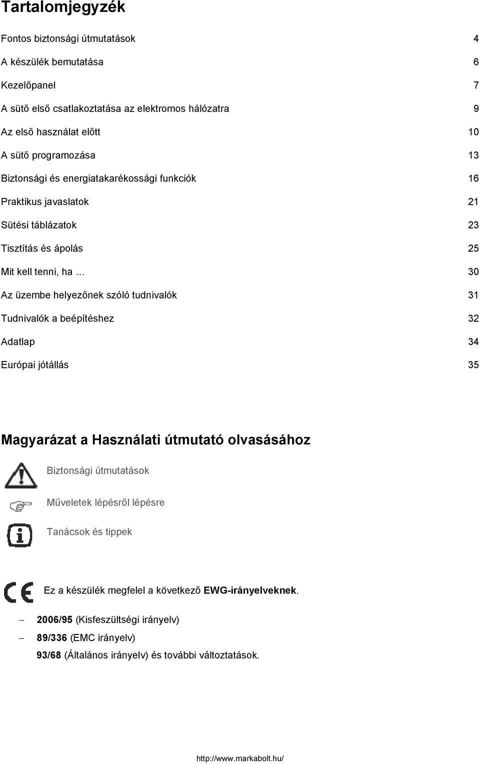 szóló tudnivalók 31 Tudnivalók a beépítéshez 3 Adatlap 34 Európai jótállás 35 Magyarázat a Használati útmutató olvasásához Biztonsági útmutatások Műveletek lépésről lépésre